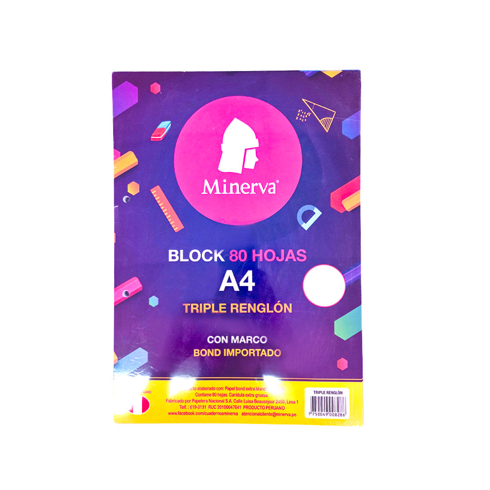 Block encolado triple renglón A4 80 hojas perforadas Minerva
