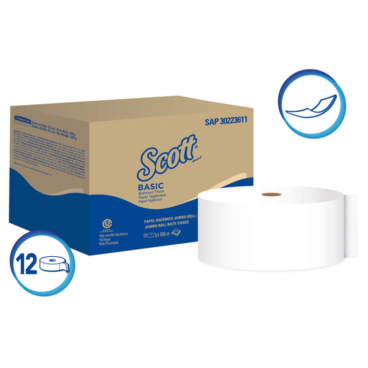 Papel higiénico jumbo blanco una hoja 550 mt gof x 12 rollos Scott