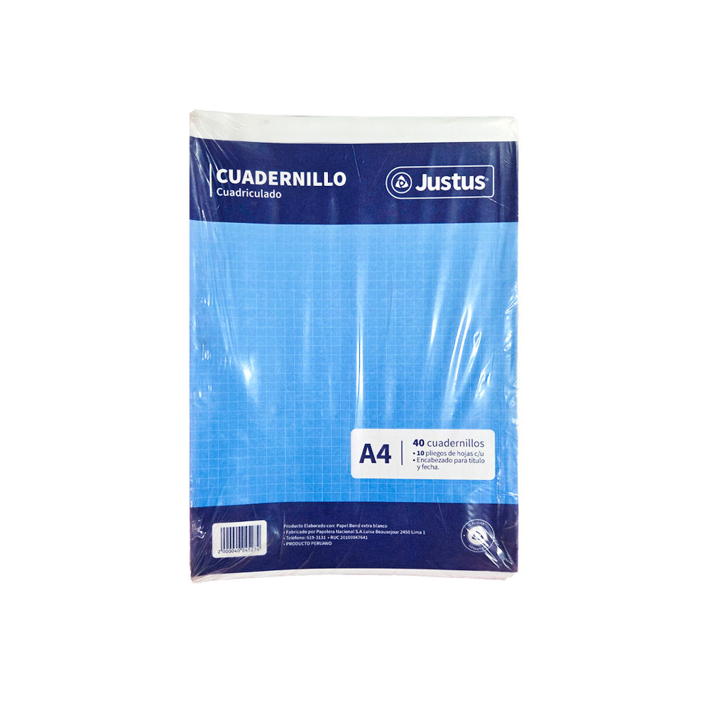 Cuadernillo de papel A4 cuadriculado 400 pliegos Justus