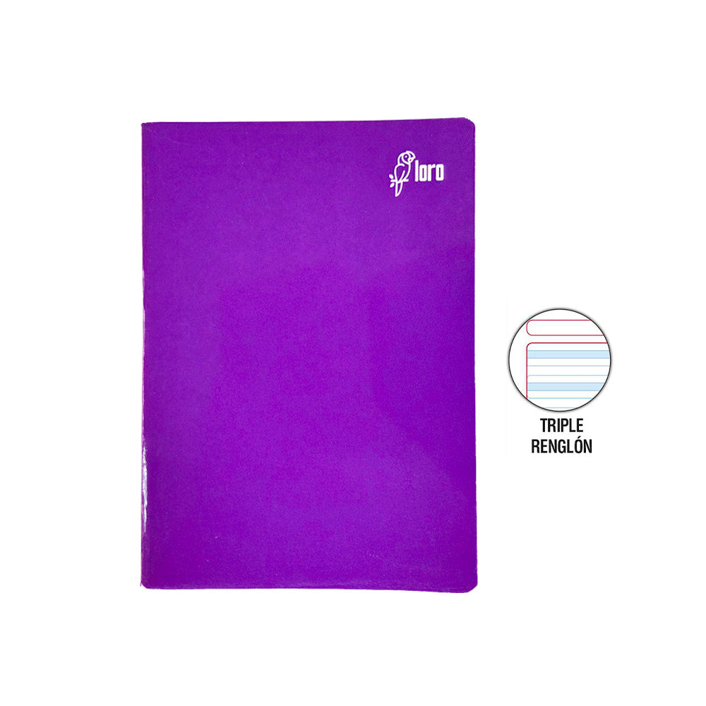 Cuaderno engrapado triple renglón A4 84 hojas con sombra solido con stickers Loro