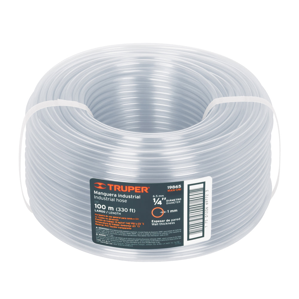 Manguera industrial transparente 1/4 pulgadas rollo 100 m Truper