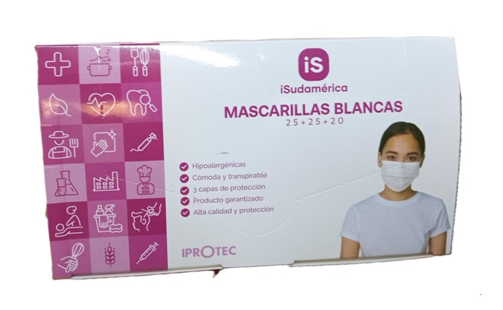 Mascarilla 3 pliegues blanco 20+25+25 50 und Iprotec