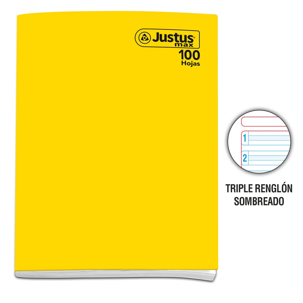 Cuaderno engrapado triple renglon A4 100 hojas con sombra Amarillo Justus