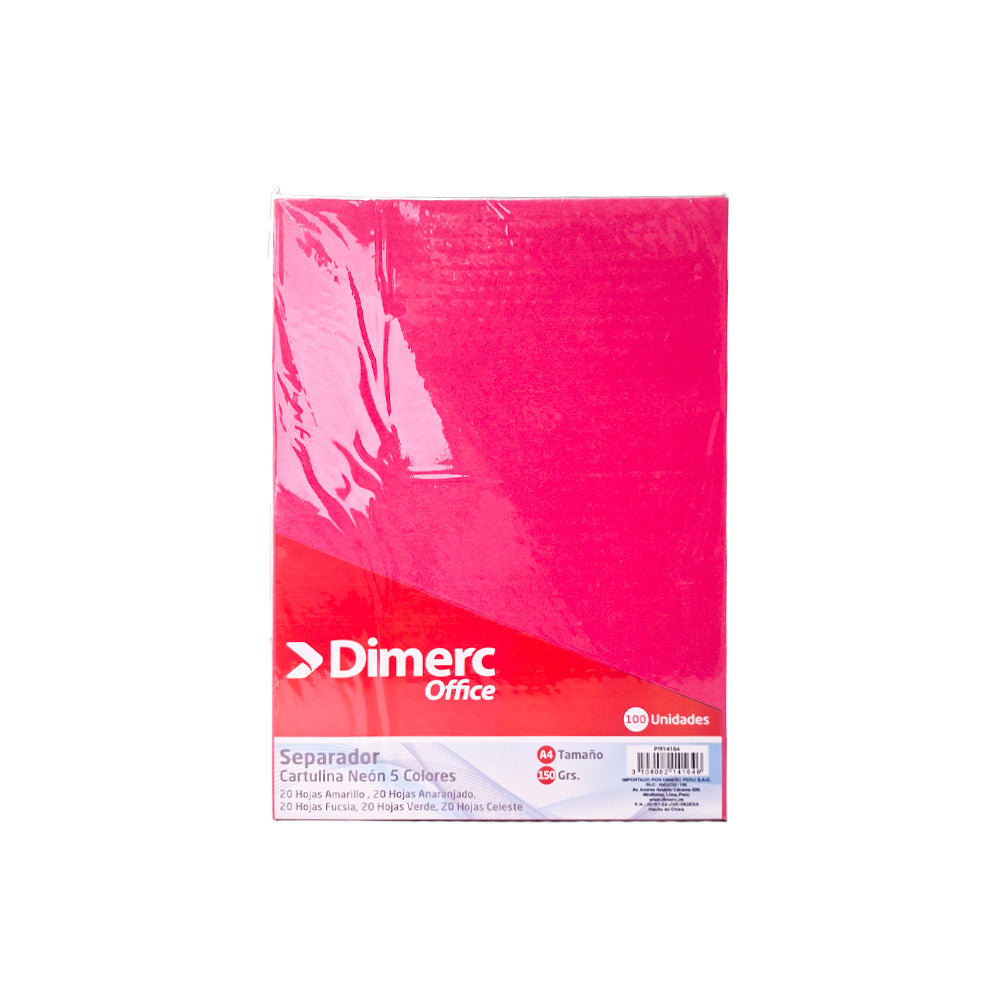 Separador cartulina A4 150 gr x 100 unidades 5 colores neón Dimerc