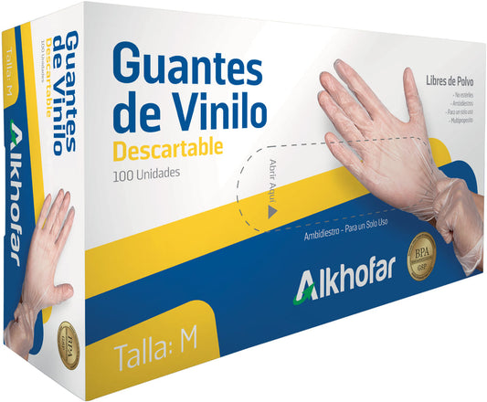 Guantes de vinilo sin polvo transparente x100 und talla M Alkhopar