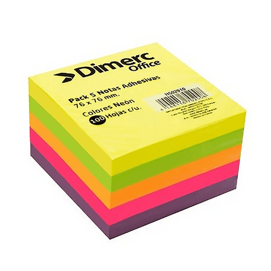 Notas adhesiva 3x3 cubo 500 hojas 5 colores neón Dimerc