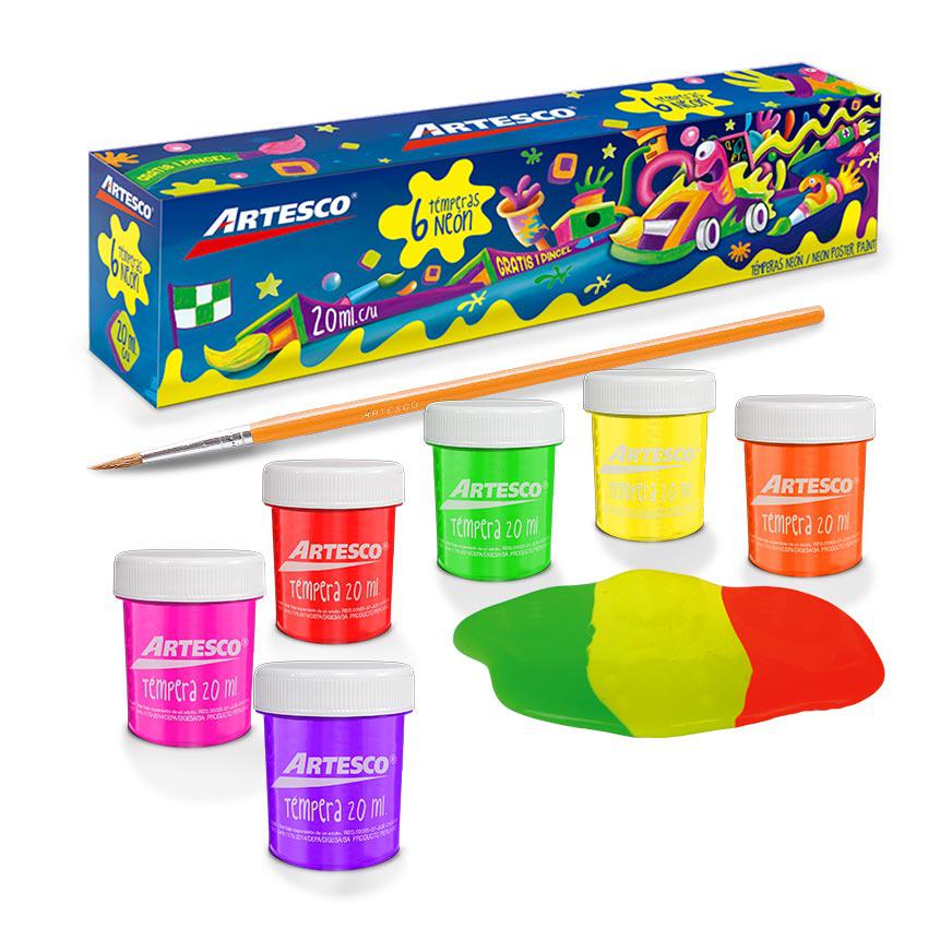 Témpera 6 colores neón + pincel 20ml Artesco