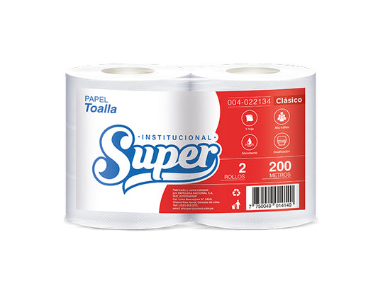 Papel toalla blanco una hoja 200 mt x 2 rollos Super Clásico