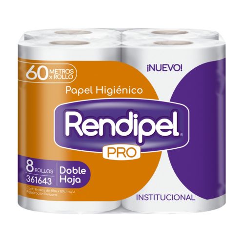 Papel higiénico doble hoja blanco 60 mt x 8 rollos Rendipel