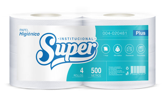 Papel higiénico blanco jumbo plus una hoja 500 mt x 4 rollos Super