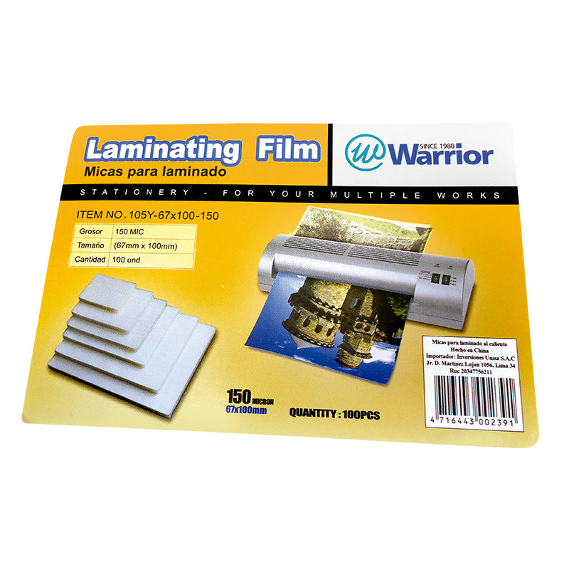 Mica para laminadora 150 micras 67mm x 100mm x 100 unidades Warrior