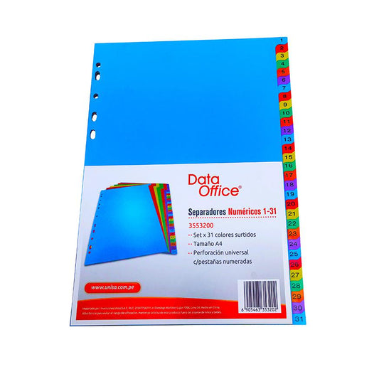 Separador A4 numérico 31 divisiones colores Data Office