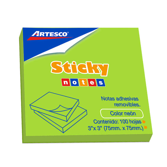 Notas adhesiva 3x3 100 hojas verde neón artesco