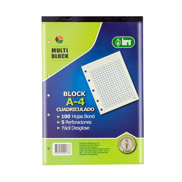 Block cuadriculado A4 x 100 hojas Loro