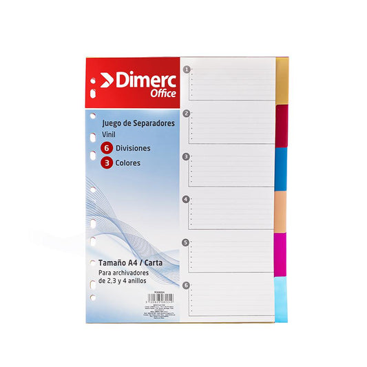 Separador A4 pp colores 6 divisiones Dimerc