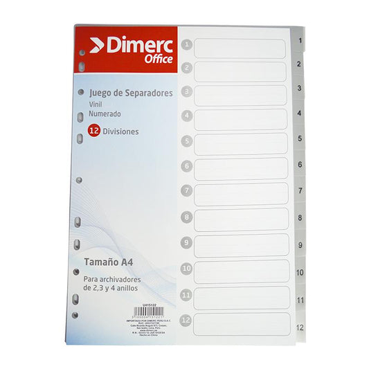 Separador A4 numérico 12 divisiones gris pp Dimerc