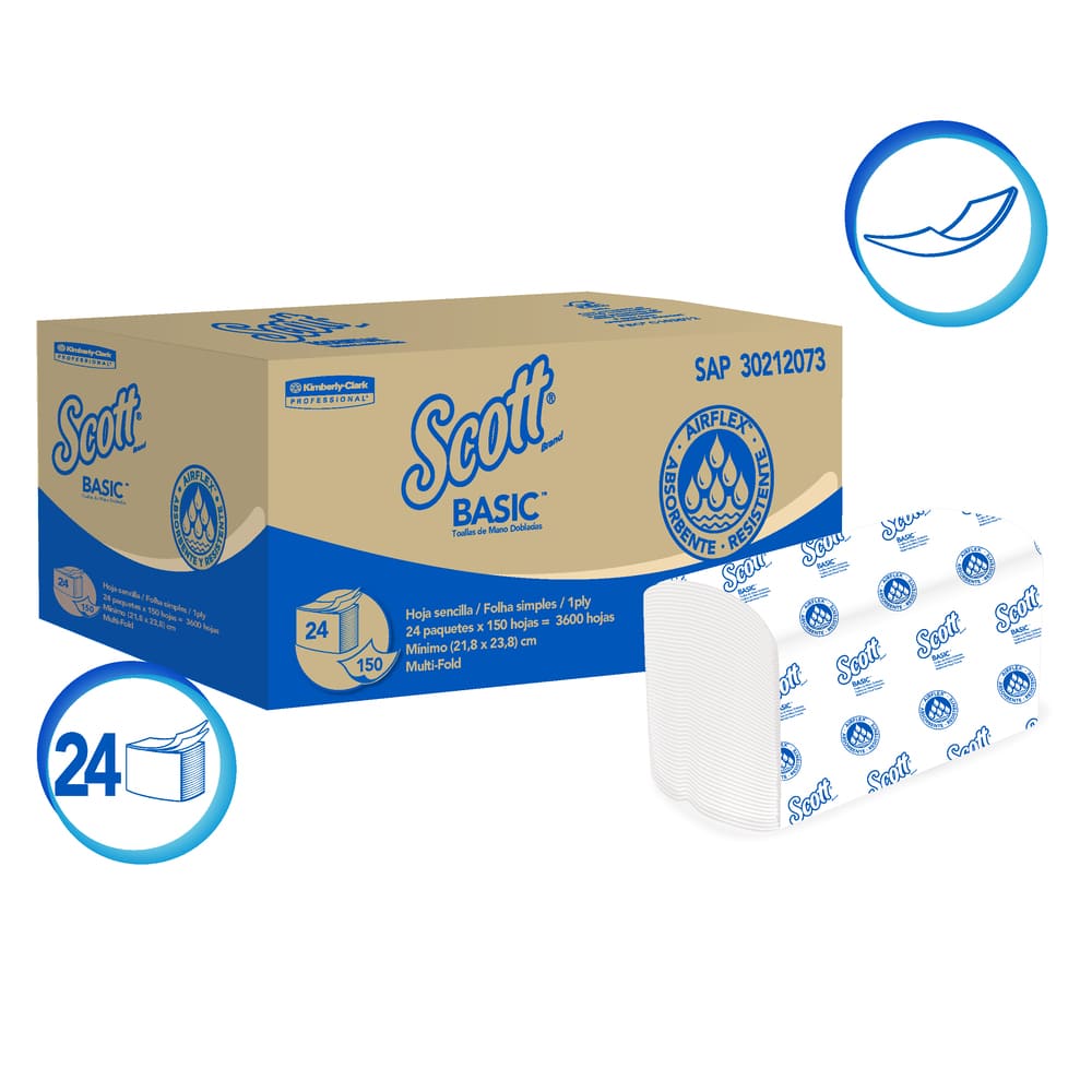 Papel toalla  blanco interfoliado una hoja x  150  unidades 20 gr Scott Basic