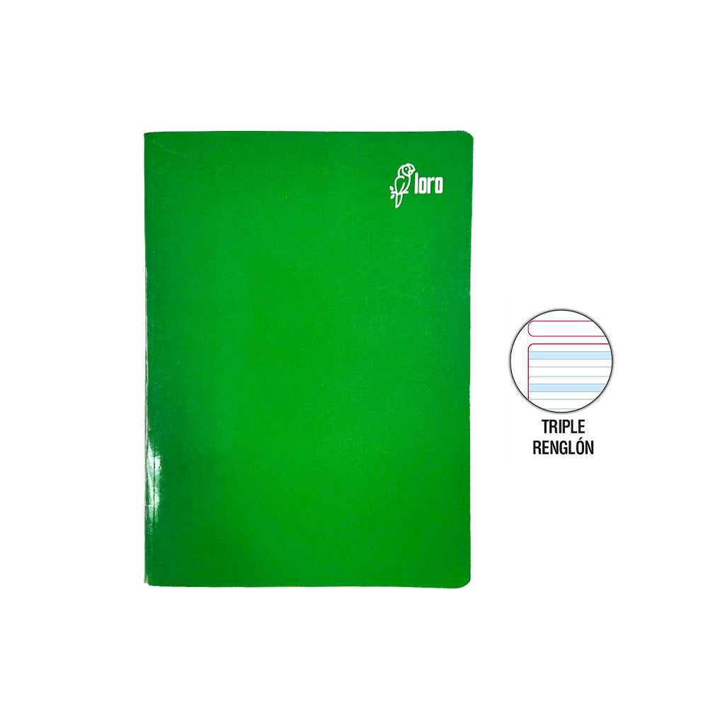 Cuaderno engrapado triple renglón A4 84 hojas con sombra solido con stickers Loro