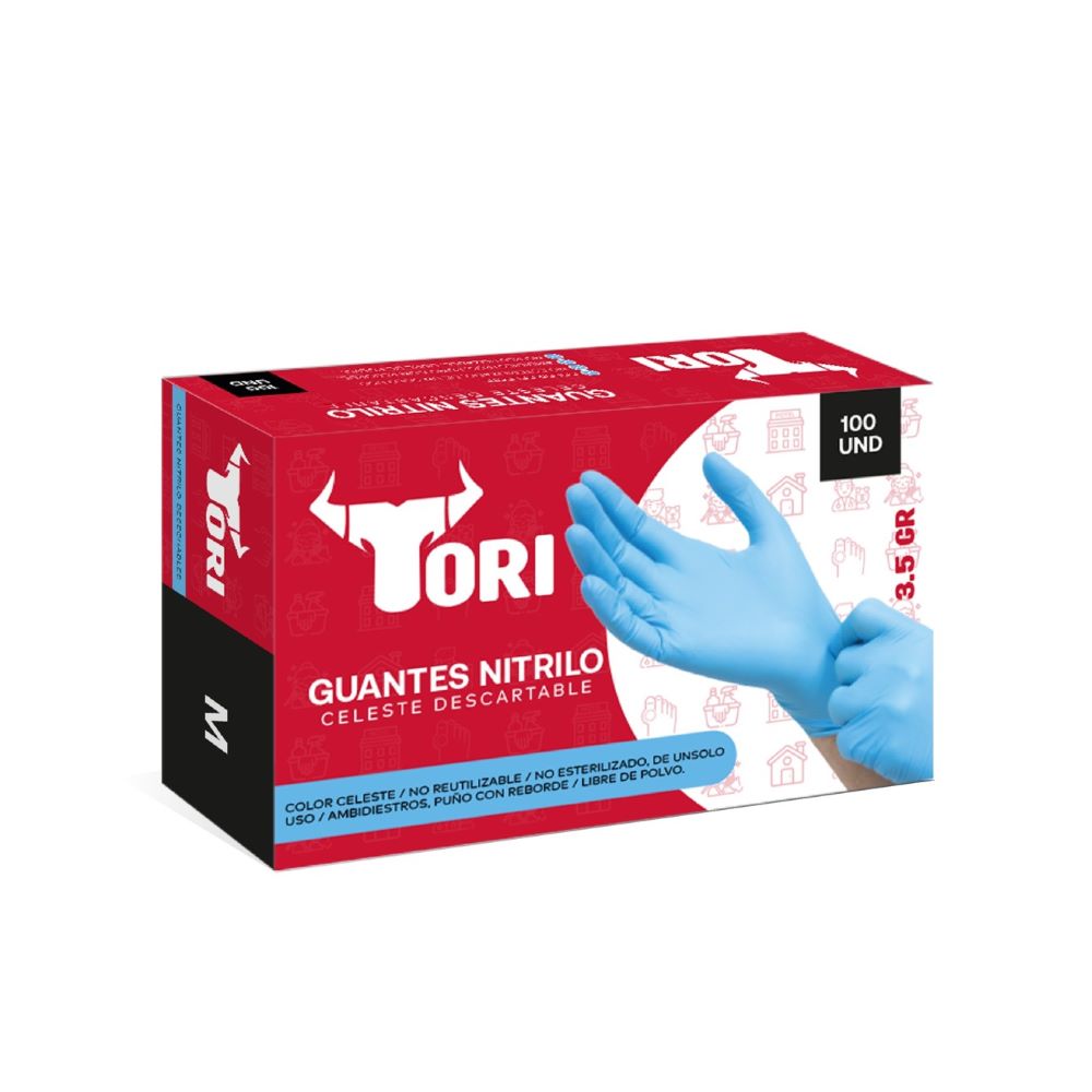 Guante de nitrilo 3.5 gr celeste talla M x 100 und Tori