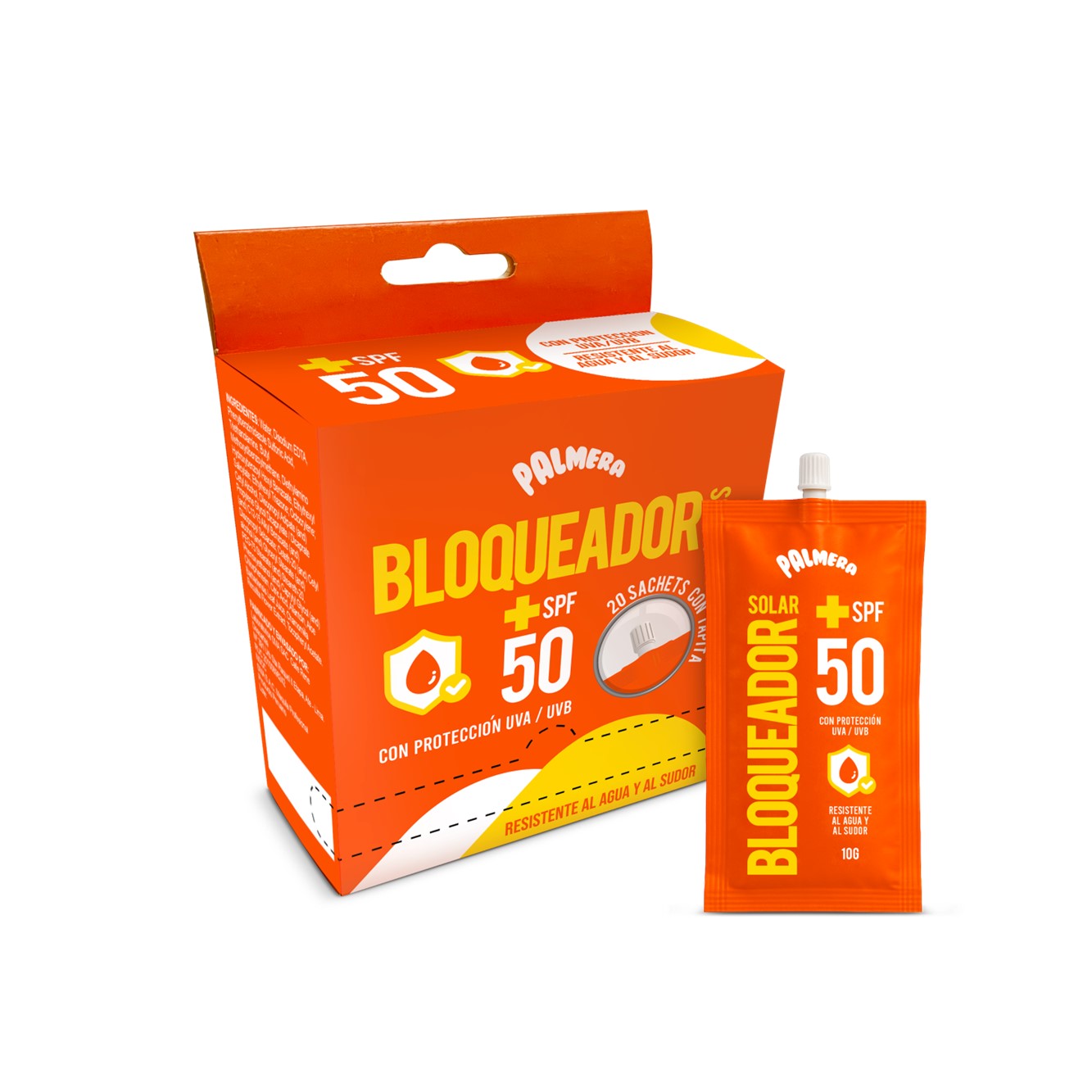 Bloqueador Solar Water Proof 50 SPF+ Sachet x 10 gr x 20 Und Palmera