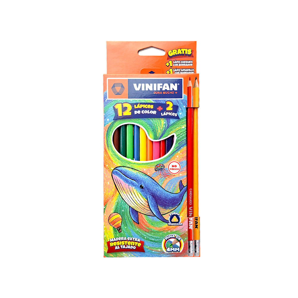 Colores largos triangulares x12 unidades 4mm+chequeo+lapiz Vinifan