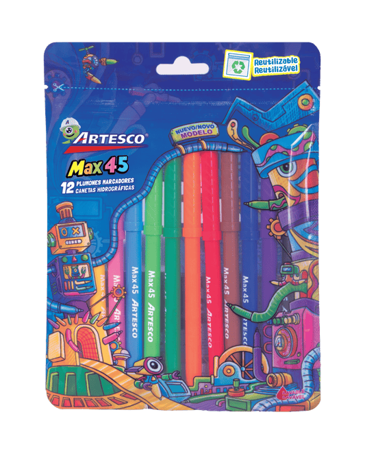 Plumones delgados max 45 estuche x 12 unidades Artesco