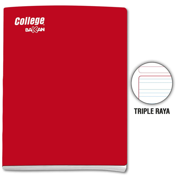Cuaderno engrapado triple raya A4 x 80 hojas rojo Bakan College