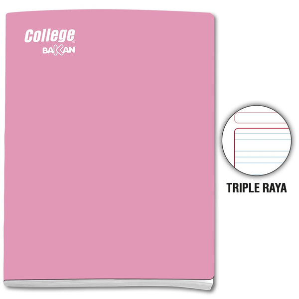 Cuaderno engrapado triple raya A4 x 80 hojas rosado Bakan College