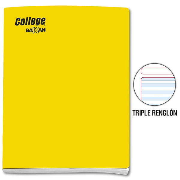 Cuaderno engrapado triple renglón amarillo con sombra A4x80 hojas Bakan 