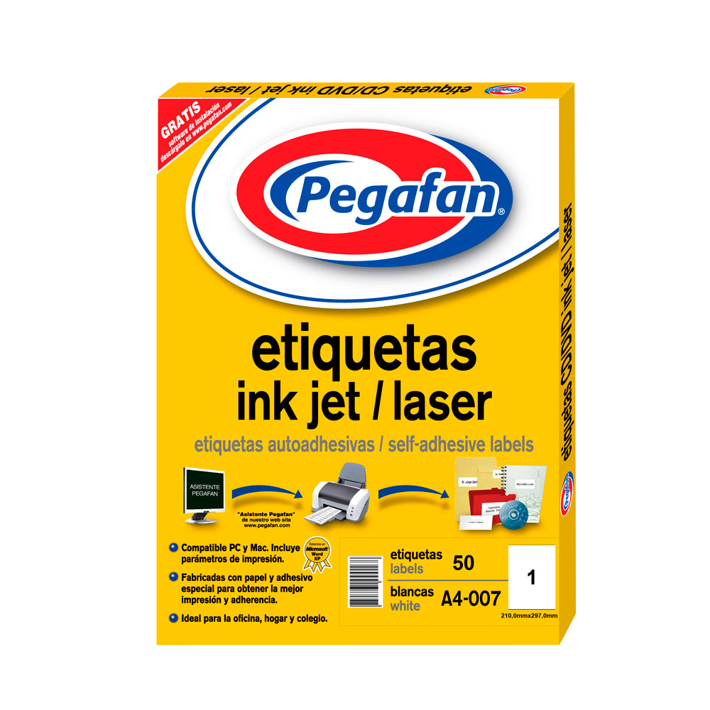 Etiqueta inkjet A4 007 (210x297 mm) 50 hojas Pegafan