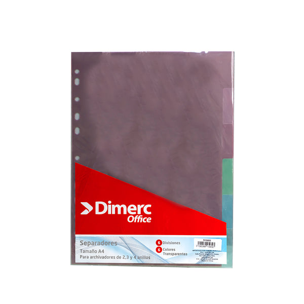 Separador A4 Colores  transparentes sin index 6 divisiones Dimerc