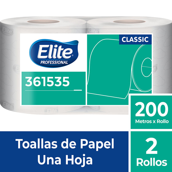 Papel toalla blanco una hoja  200 mt x 2 rollos Elite Classic