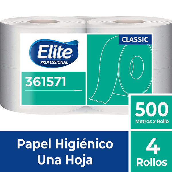 Papel higiénico blanco jumbo super económico una hoja 500 mt x 4 rollos Classic Elite