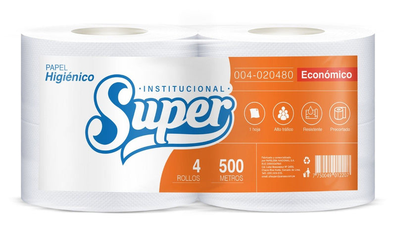 Papel higiénico económico jumbo blanco una hoja 500 mt x 4 rollos Super