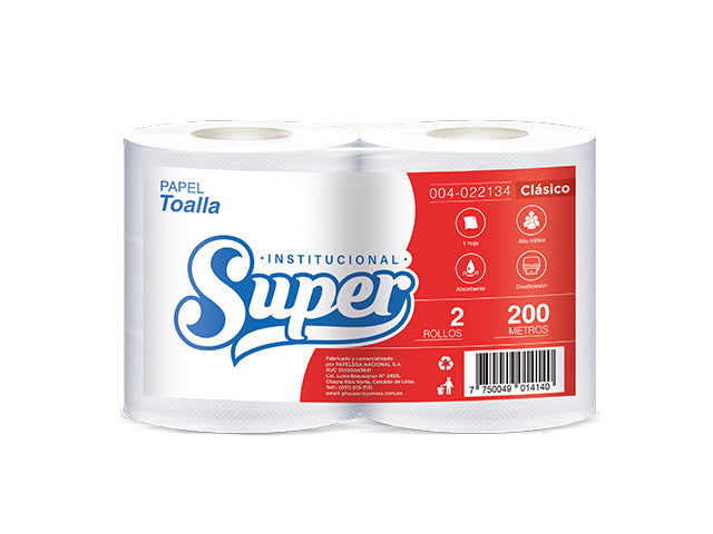 Papel toalla blanco una hoja  200 mt x 2 rollos Super Clásico