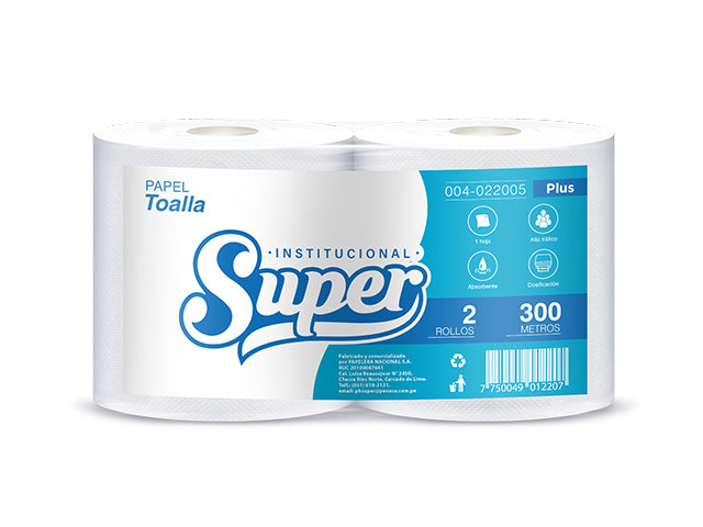 Papel toalla  una hoja 300 mt x 2 rollos Super Plus