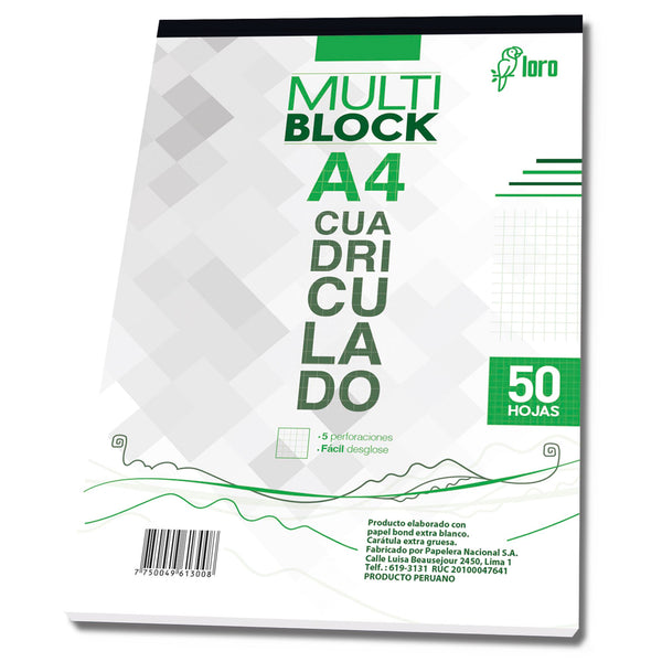 Block cuadriculado A4 x 50 hojas Loro