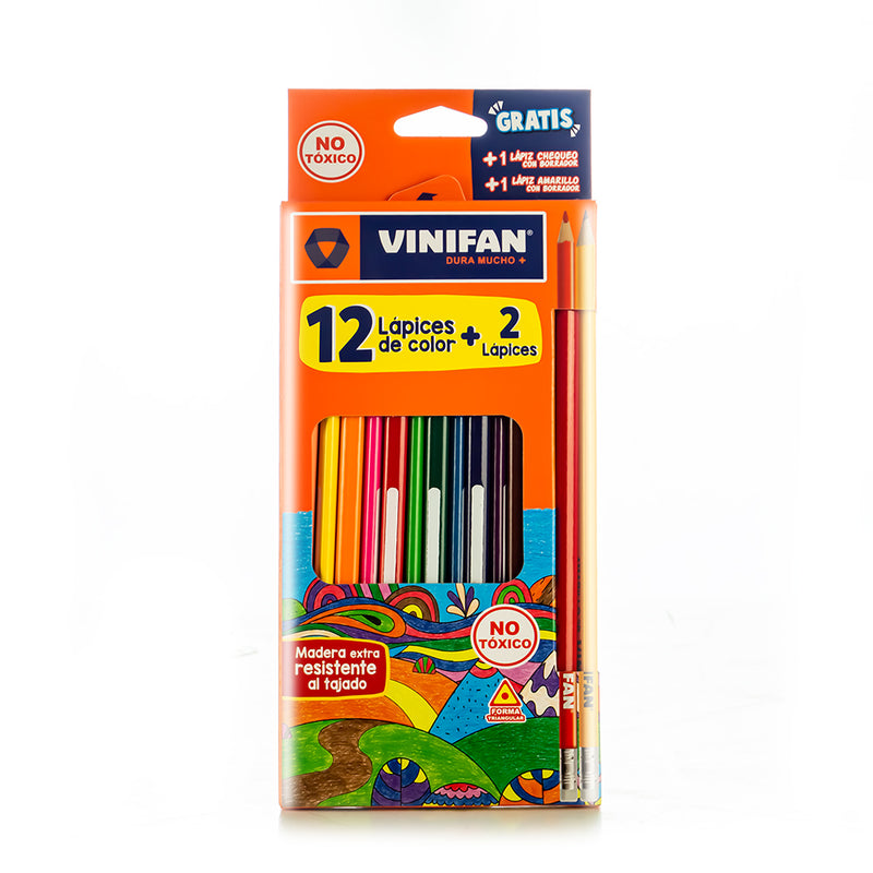 Colores triangulares largos x 12 unidades + 1 lápiz chequeo +1 lápiz Vinifan