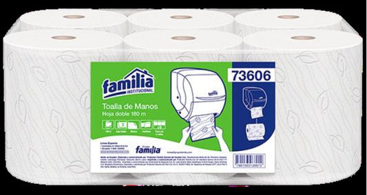 Papel toalla blanco hoja continua- doble hoja x 180 mt x 6 rollos Familia