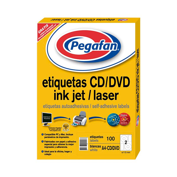Etiqueta inkjet A4 cd/dvd 115 mm diametro 100 unidades pegafan