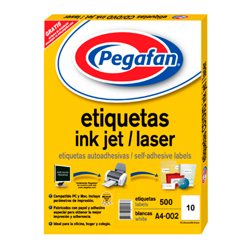 Etiqueta inkjet A4 002(55.8x99mm) 50 hojas 500 unidades por caja pegafan