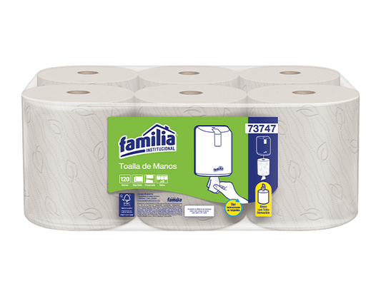Papel toalla natural precortado doble hoja  120 mt x 6 rollos Familia