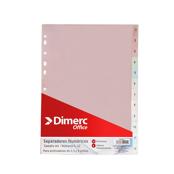 Separador A4 numérico color transparente 12 divisiones Dimerc