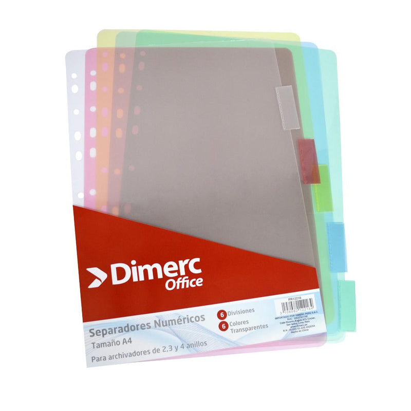 Separador A4 colores transparentes 6 divisiones Dimerc