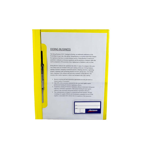 Folder tapa transparente A4 con fastener color amarillo Artesco