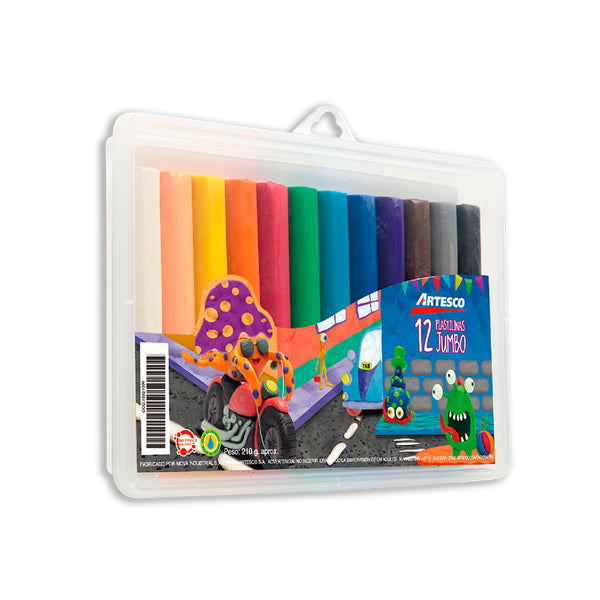 Plastilina jumbo neón estuche plástico x 12 unidades artesco