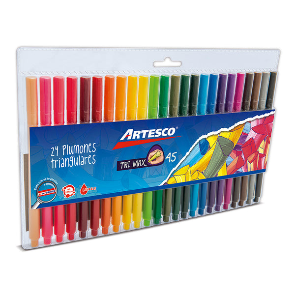Plumones delgados 45 tri max estuche plástico x 24 unidades triangulares Artesco