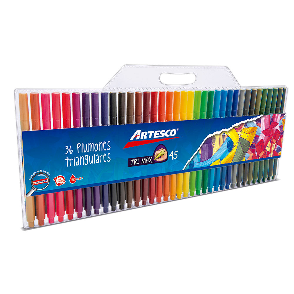 Plumones delgados 45 tri max estuche plástico x 36 unidades triangulares Artesco